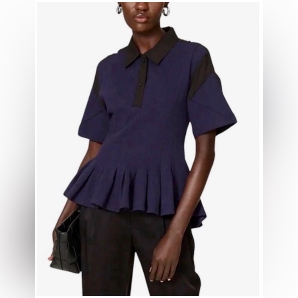 Koche Collective Pleated Peplum Collared Blouse in Navy Blue and Black - Medium